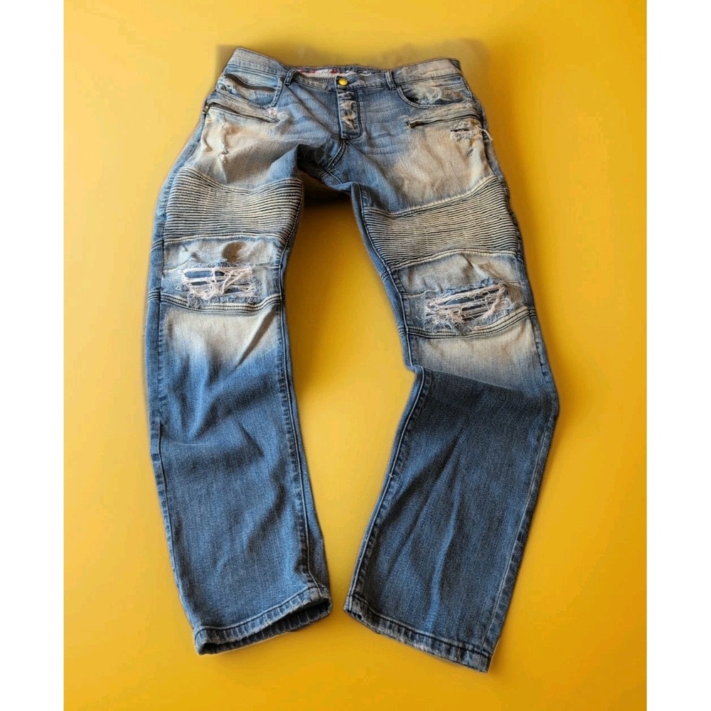 Rockstar Original RSM214 Skinny Denim  40L  Blue Moto Biker Jeans Stacked legs